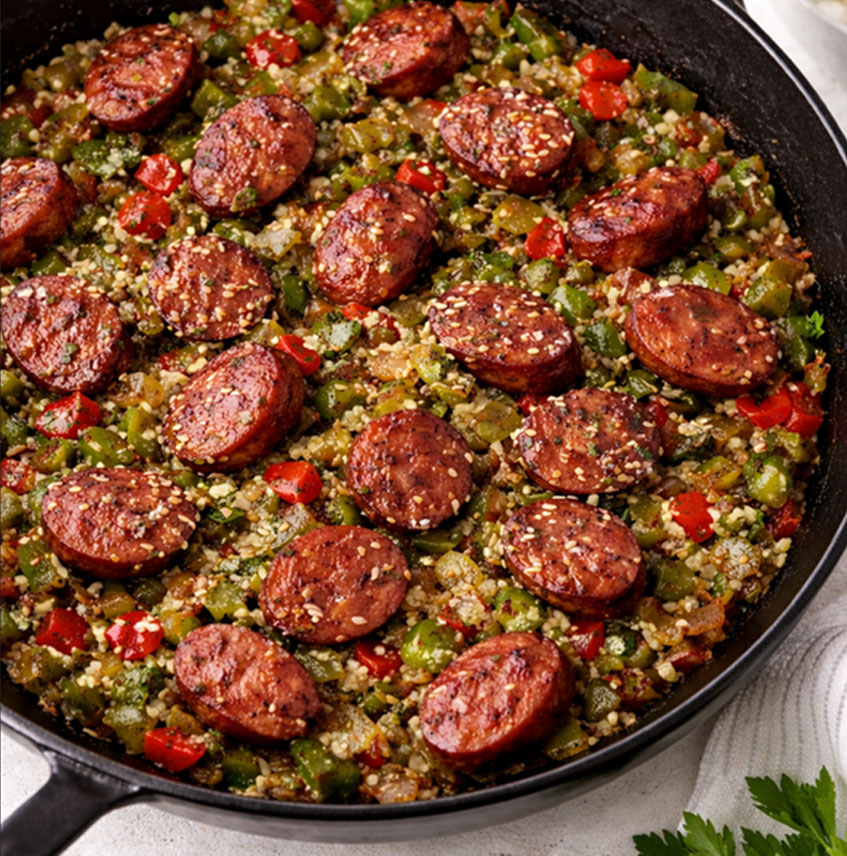 Beef Sausage, Peppers and Onions